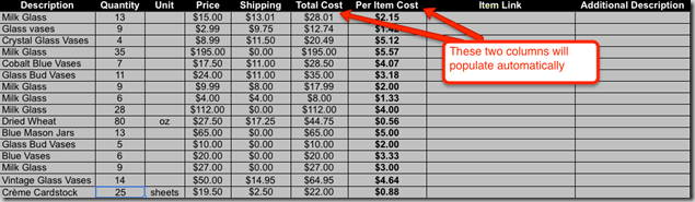 Screenshot of spreadsheet comparing wedding item costs